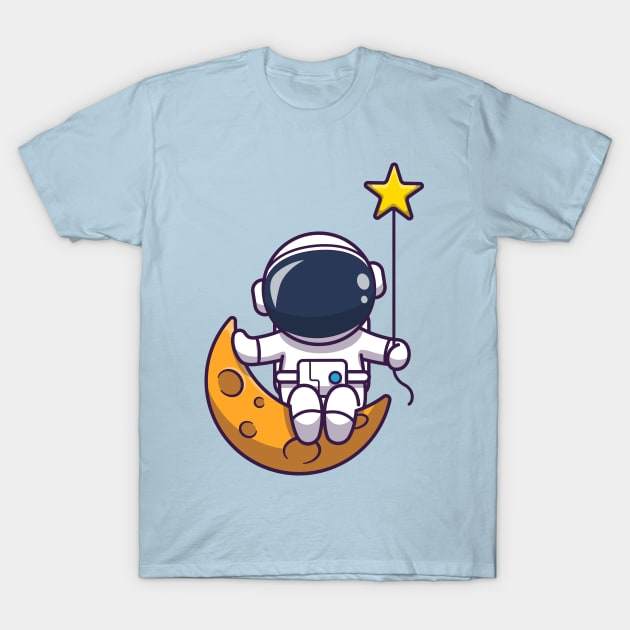 Cute Astronaut Sitting On Moon With Star Cartoon T-Shirt by Catalyst Labs